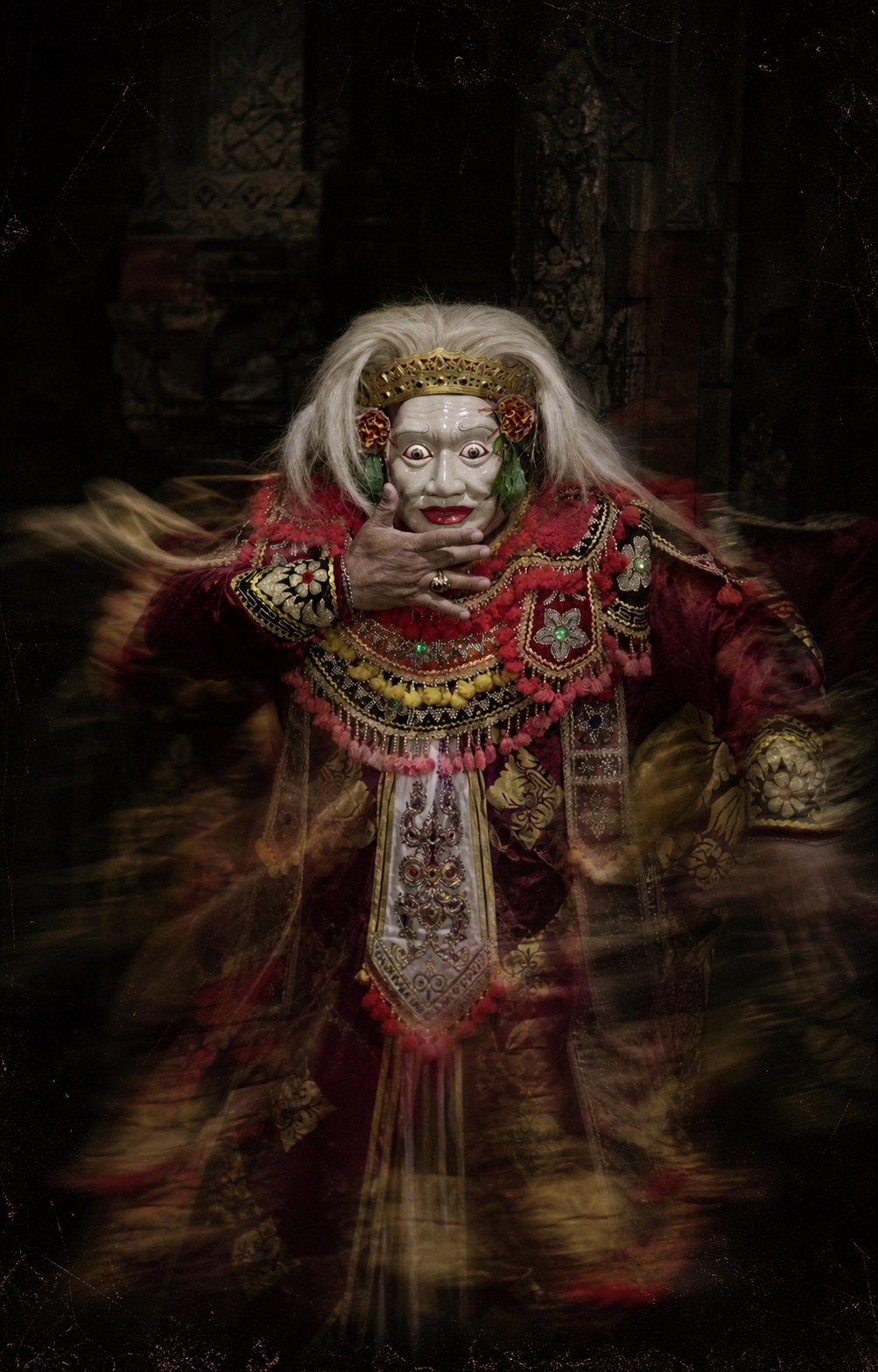 An AI-created visual interpretation inspired by a Balinese Topeng Tua mask dancer